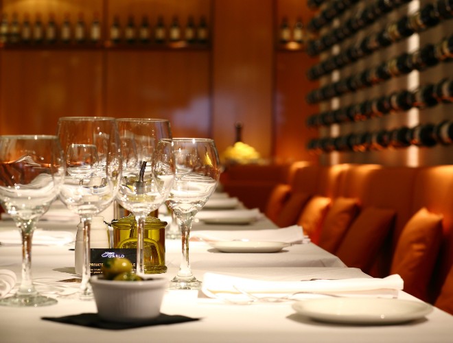 Wine glasses and olives at Manchester's San Carlo