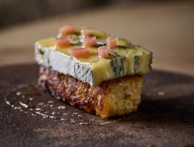 French toast made with Cote Hill Blue, rhuboshi and Wharncliffe side spruce honey, served at Joro.