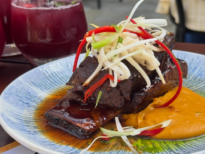 Fall-apart Beef Short Rib with a sticky ginger glaze and smooth sweet potato purée at El Gato Negro Manchester.