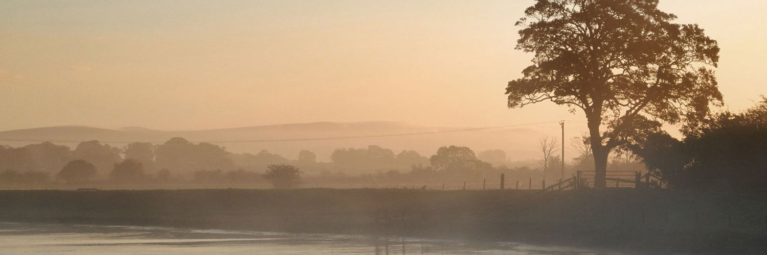 A misty view of the Lancashire countryside from The Cartford Inn - a restaurant and hotel near Preston