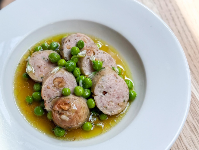 Boudin Blanc, peas and three cornered leek at Erst in Manchester.