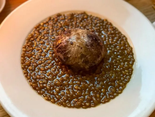 Black pudding, lardo and radicchio farci with castelluccio lentils at Erst