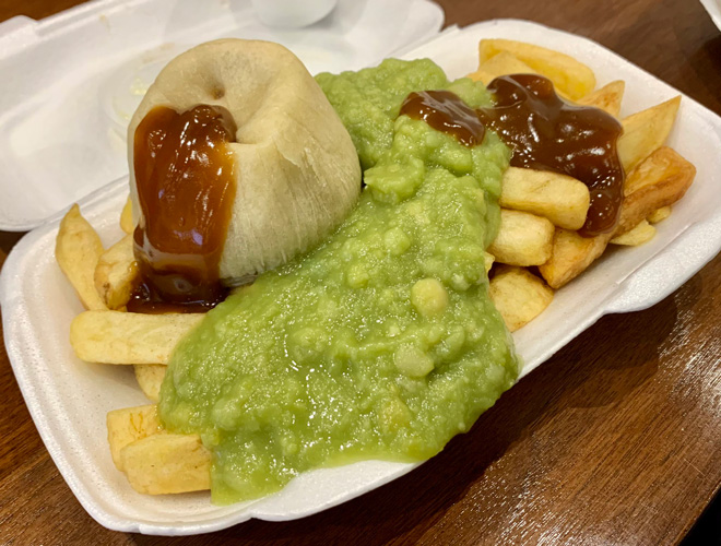 Pudding, chips, peas and gravy at Wright's Fish and Chips