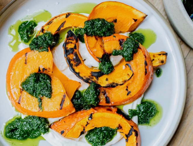 Roast squash with labneh and zhoug at Evelyn's in the NQ