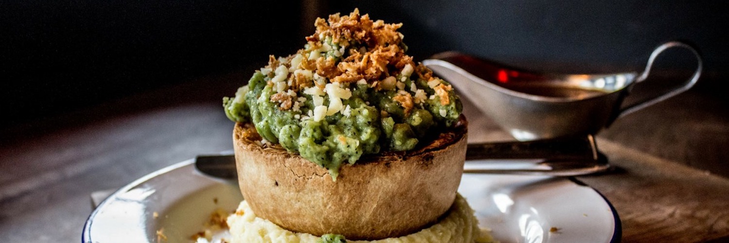 Pie, gravy and mushy peas served at Pieminister restaurant Manchester