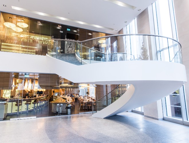 Entrance to Fumo with curved staircase