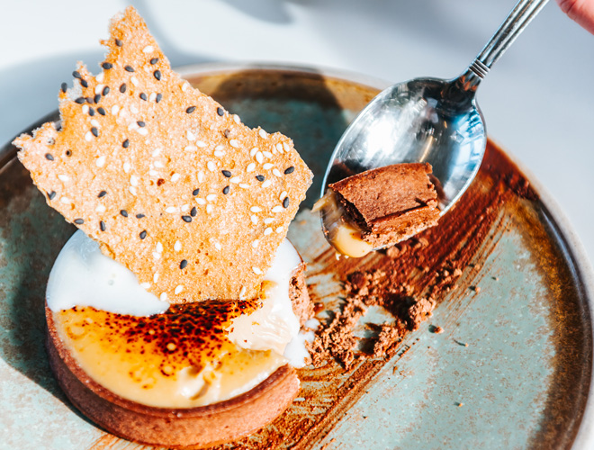 Butterscotch tart with dark chocolate and banana fudge at The Black Friar