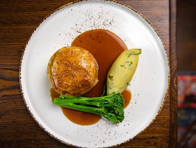 Pie, mash and broccoli at The Black Friar