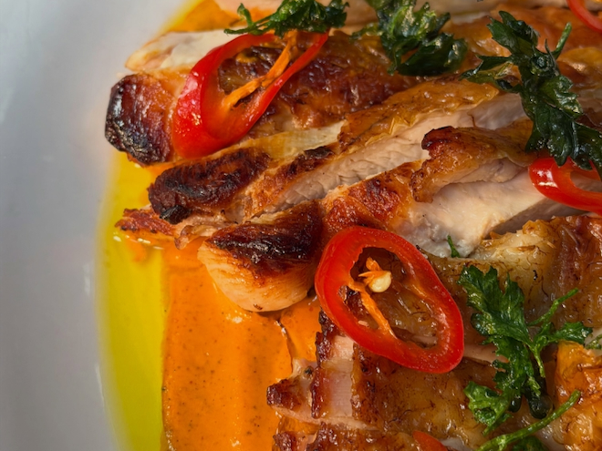 Roast Chicken, Romesco Sauce, Pickled Chillies, Fried Sage at 10 Tib Lane.