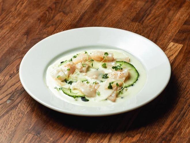 Scallop Crudo with oyster cream, apple, cucumber, and mint at 10 Tib Lane, Manchester.