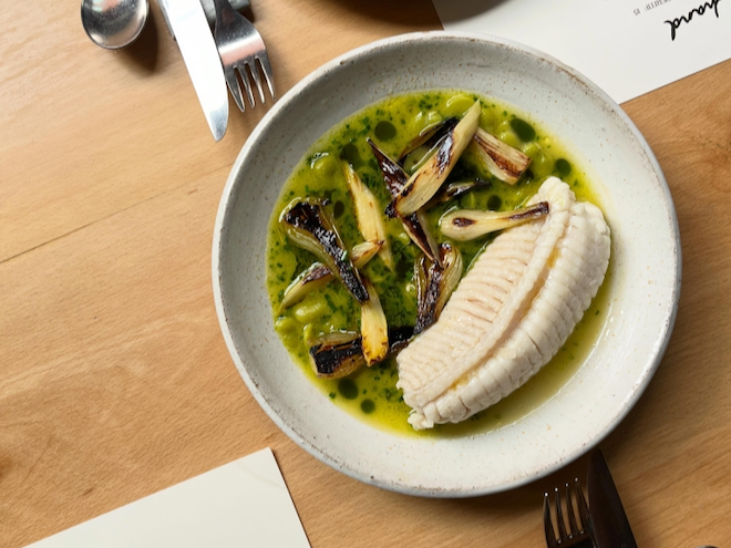 Rolled skate wing, compressed white asparagus, grelot onion, broad bean broth at Another Hand.