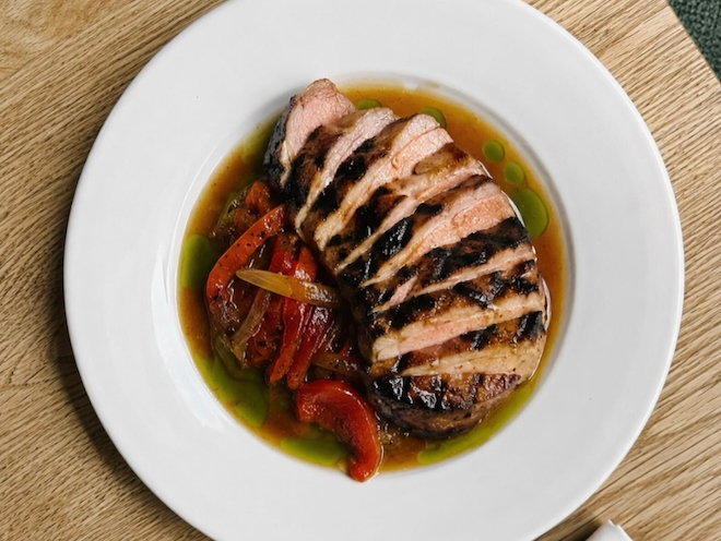Pork collar, agrodolce peppers, PX and fig leaf oil at Erst in Manchester.