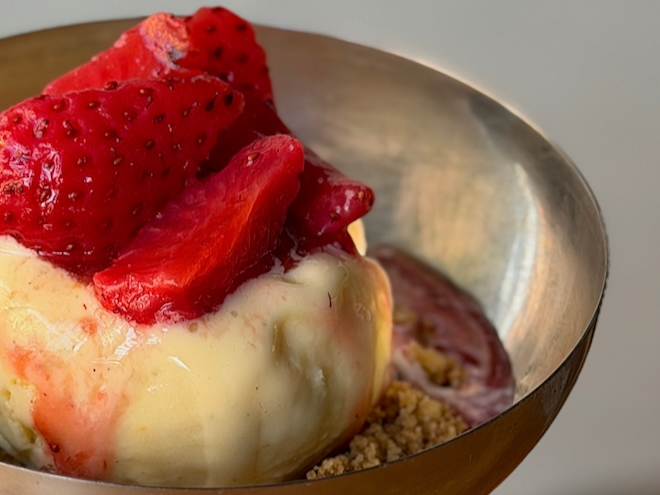 Cheesecake ice cream with malt crumb and macerated strawberries at Stow, Manchester.