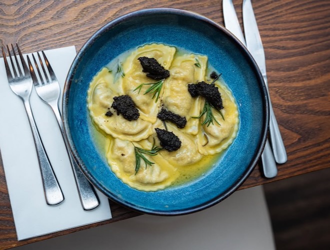 Mushroom Ravioli with truffle and rosemary butter at La Famiglia in Liverpool.