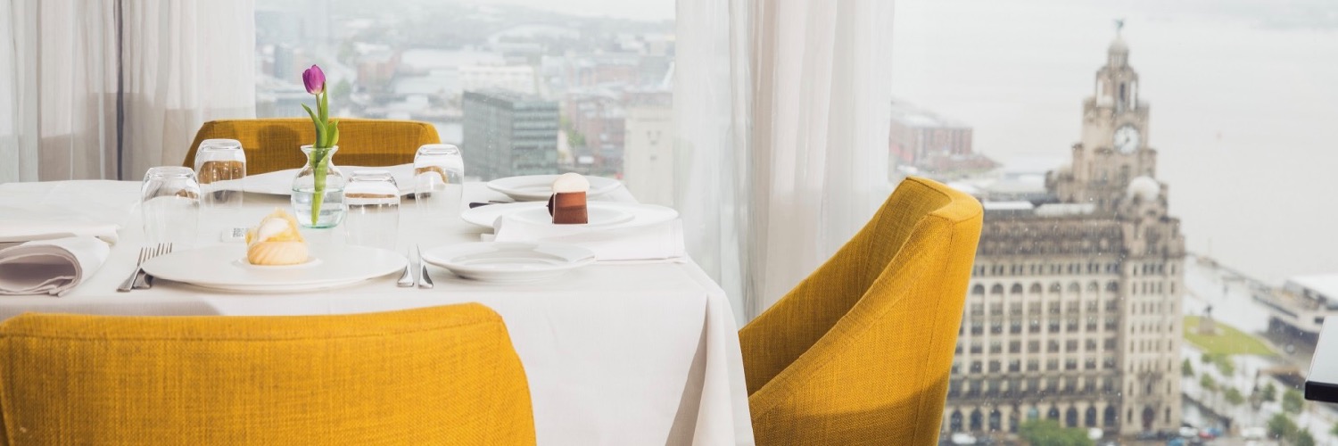 The interior of Panoramic 34 - a fine-dining restaurant with spectacular views in Liverpool city centre.