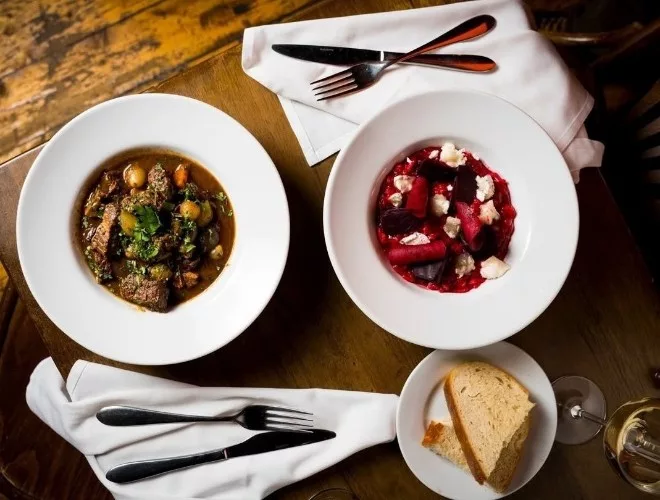 Boeuf Bourguignon and beetroot orzo at Queens