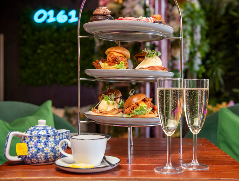 Afternoon Tea, sliders, egg benedict, sweets at On The Hush, Manchester