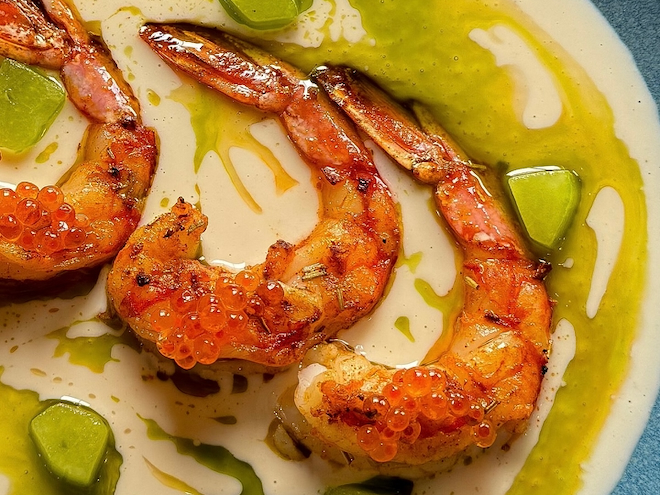 Spicy Argentine prawn, ajo blanco sauce, compressed cucumber, chilli and dill oil topped with keta caviar at Barnacle in Liverpool.