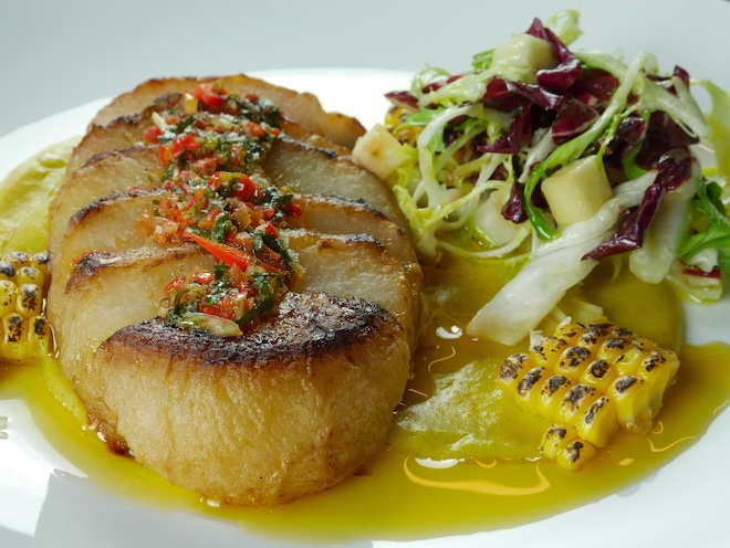 Roasted Kohlrabi, sweetcorn purée, charred corn, salsa criolla, bitter leaf salad and parsley oil at Barnacle in Liverpool.