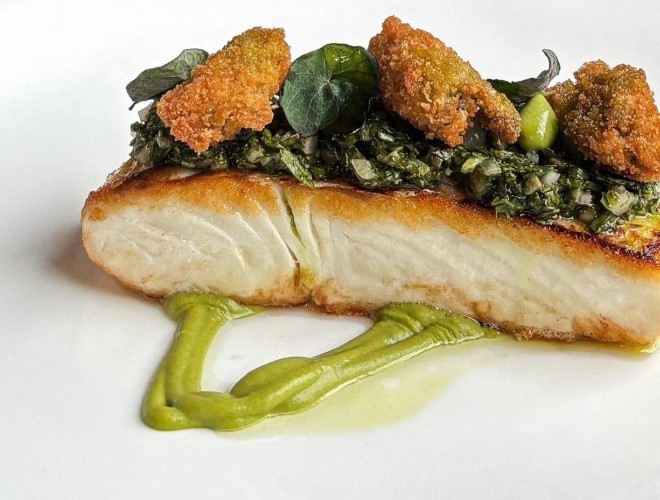 Halibut, crispy mussels and leek emulsion at Barnacle