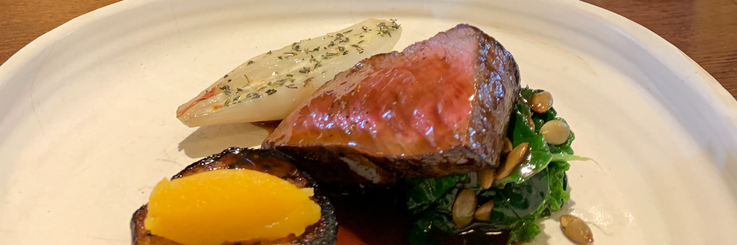 The Three Fishes - Red venision loin with tamarind sauce, yellow beets, pickle, cavolo nero