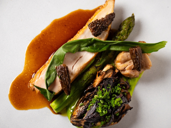 Olive & herb fed chicken with Wye Valley asparagus, pickled morel & wild garlic with a chicken jus at Manifest in Liverpool.
