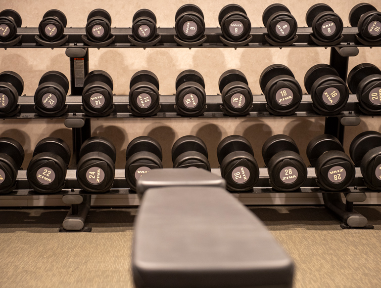 Dumbbells, gym at the Manchester Marriott Hotel Piccadilly Spa