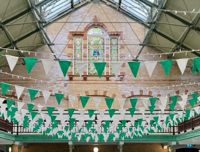 Bunting at Victoria Baths, an Edwardian bath house in Manchester.