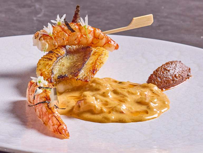 Grilled lobster tail and seared fish at Kaji