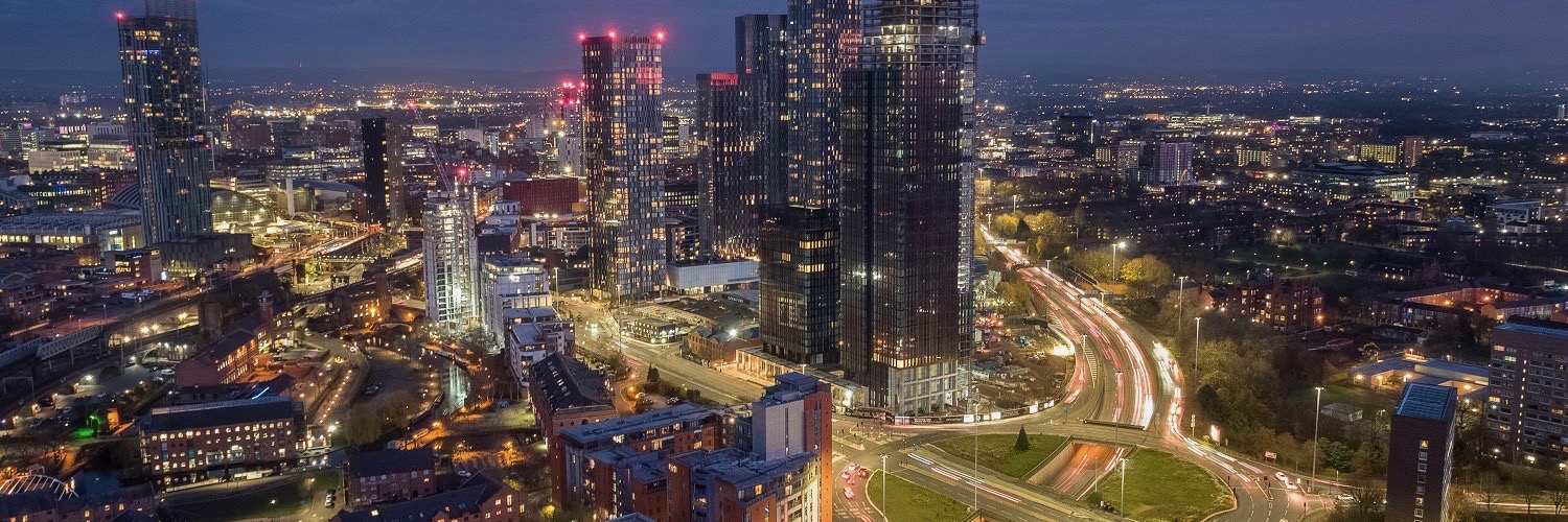 Aerial view of Manchester at night