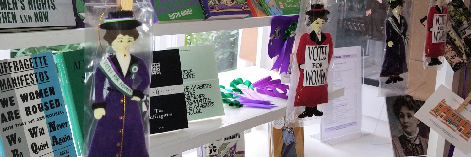 Suffragette themed gifts at The Pankhurst Centre, a museum dedicated to the story of the suffragette movement in Manchester.