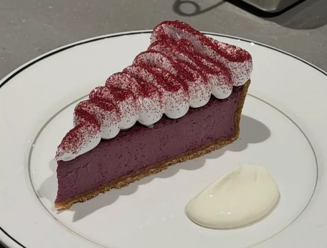 Blackcurrant curd meringue tart at Higher Ground