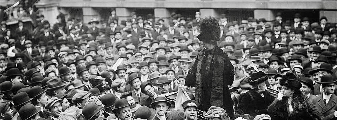 Photograph of Emmeline Pankhurst delivering a speech