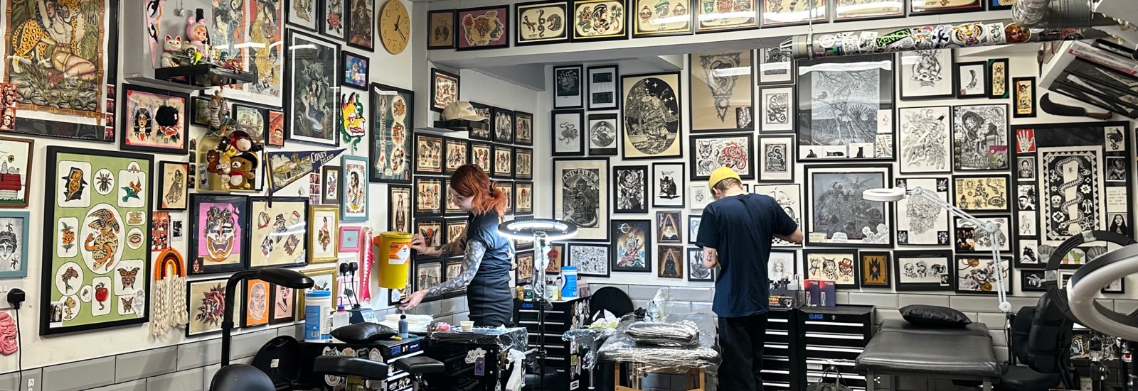 Artists setting up their stations at Tooth and Talon tattoo.