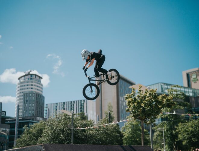 A child on a BMX bike at Salford Quays