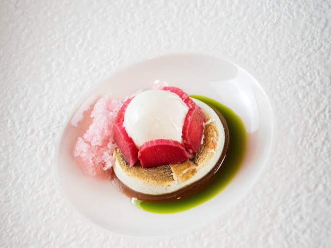 Forced rhubarb, ginger and tarragon pre-dessert served at Restaurant 8 in Liverpool.