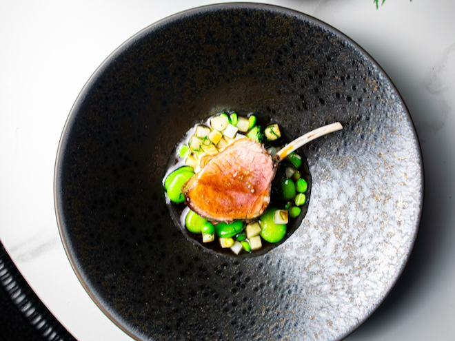 Rack of Lamb, Ragu of Spring Vegetables, Roasted Turnip Puree at Restaurant 8 in Liverpool.