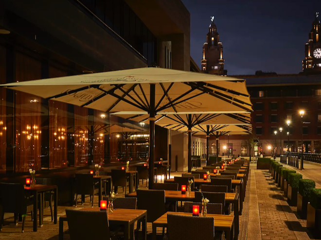 The terrace at Malmaison Liverpool at night.