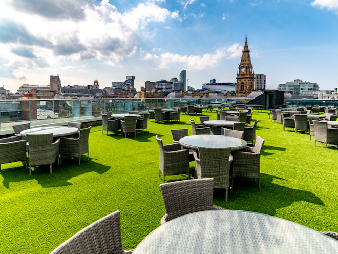 The rooftop terrace at the Shankly Hotel in Liverpool.
