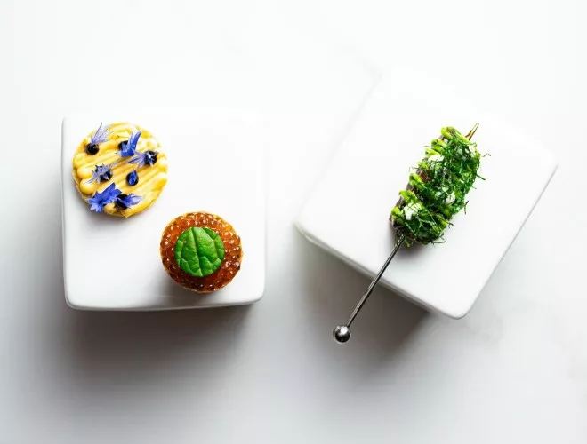 Cheese sable with Baron Bigod custard, sea bream with trout roe and lamb belly kebab at Restaurant 8