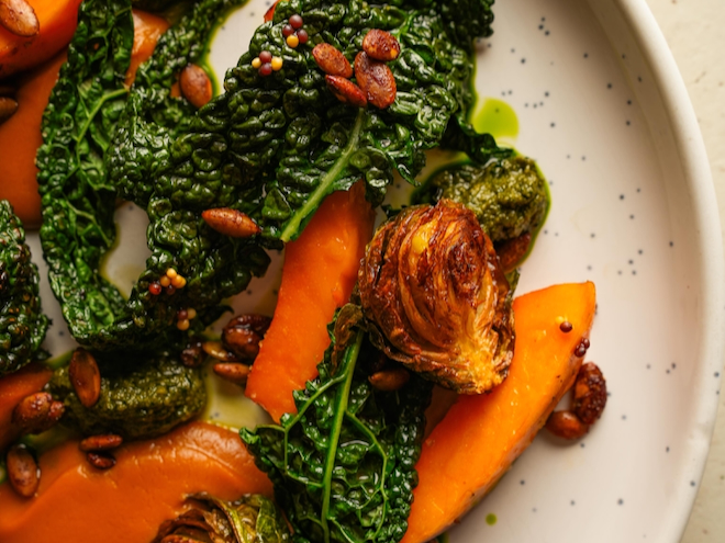 Sprouts, cabbage and sweet potato at Nord in Liverpool.