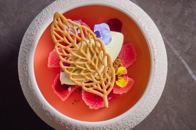 Pink dessert with tuile at KAJI
