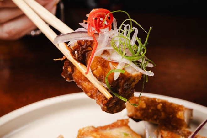 Pork belly and chopsticks at Lucky Cat by Gordon Ramsay