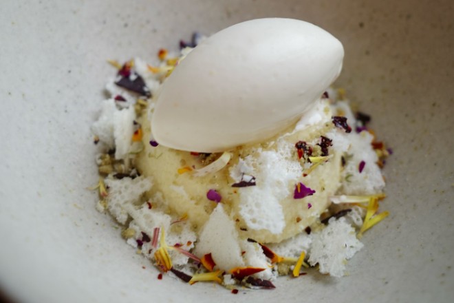 Honey ice cream with poached cherry parfait at Skof