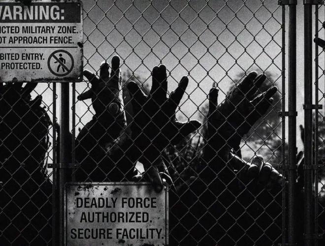 Zombies pushing against a wire fence at Scare City