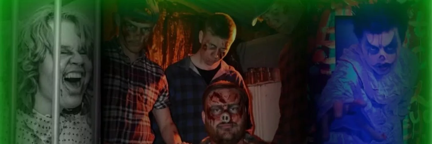 A collage of scenes from Spooky World including the Slaughterhouse
