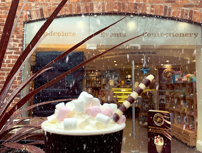 Hot chocolate in the snow at Luisco Chocolate, Haigh Woodland Park