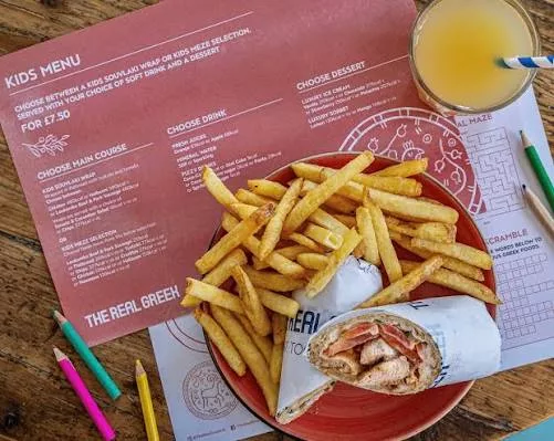Fries and wrap on the kids menu at The Real Greek