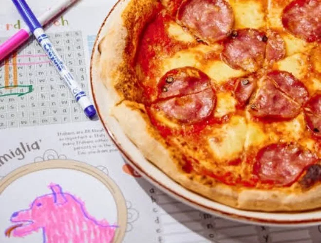 Pizza and colouring pens at Piccolino Gran Caffe