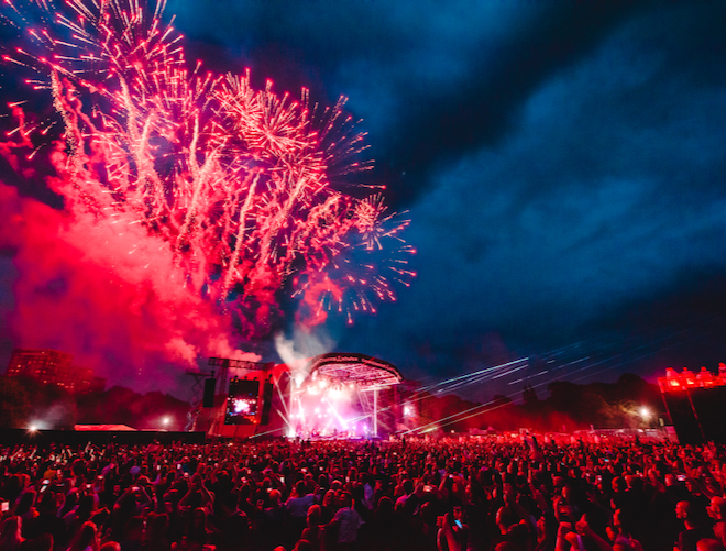 Fireworks over the stage at In The Park in Liverpool